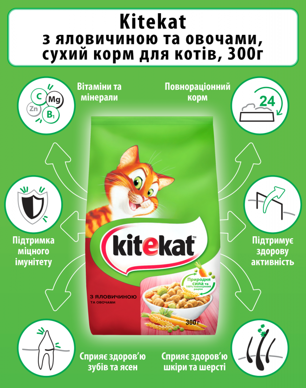 Сухий корм для котів  Kitekat Яловичина з овочами 300 г