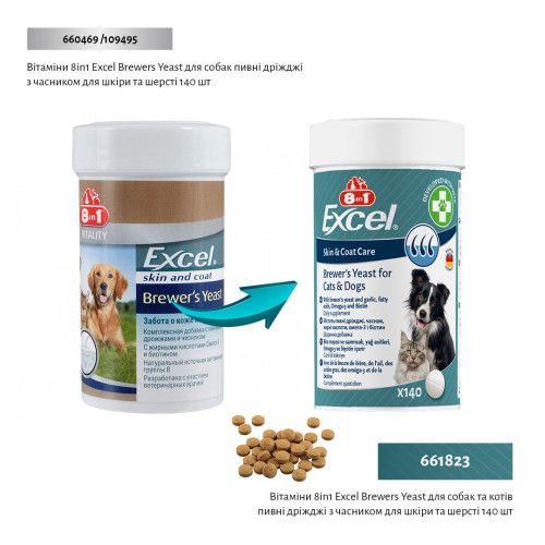 Вітаміни 8in1 Excel Brewers Yeast для собак та котів, пивні дріжджі з часником, для шкіри та шерсті, 140 шт