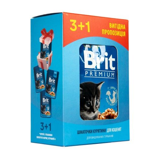 Набір паучів "3+1" для кошенят Brit Premium Chicken Chunks for Kitten з куркою 4х100г