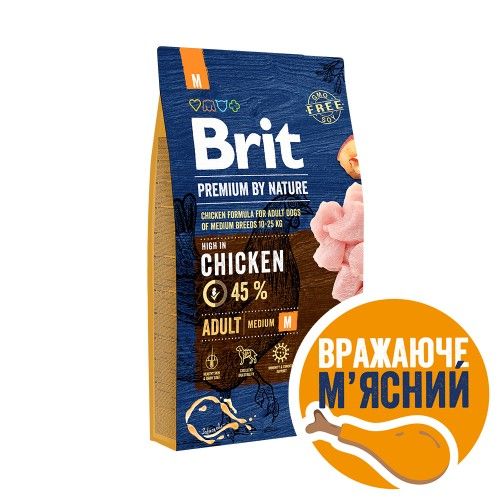 Сухий корм Brit Premium Dog Adult M для дорослих собак середніх порід з куркою 1 кг