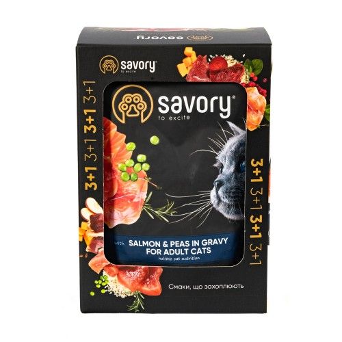 Набір паучів Savory Adult "3+1" для котів лосось з горохом у соусі 85 г