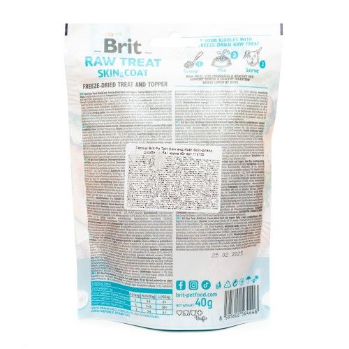 Лакомство для собак Brit Raw Treat freeze-dried Skin and Coat для кожи и шерсти рыба и курица 40 г