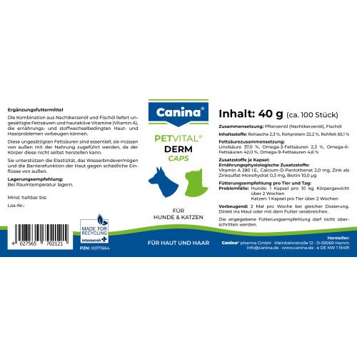 Вітаміни Canina PetVital Dеrm-Caps для собак та котів для проблемної шерсті 40 г (100 табл)