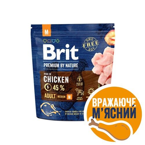 Сухий корм Brit Premium Dog Adult M для дорослих собак середніх порід з куркою 1 кг