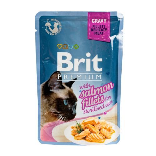 Вологий корм Brit Premium Cat Pouch для стерилізованих котів філе лосося в соусі 85 г