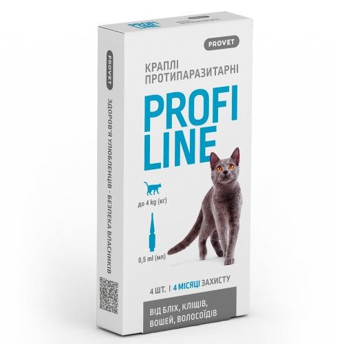 Краплі Provet Profiline для котів до 4 кг 4 піпетки по 0,5 мл (інсектоакарицид)