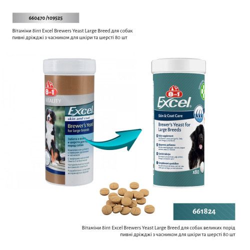 Вітаміни 8in1 Excel Brewers Yeast Large Breed для собак великих порід, пивні дріжджі з часником, для шкіри та шерсті, 80 шт