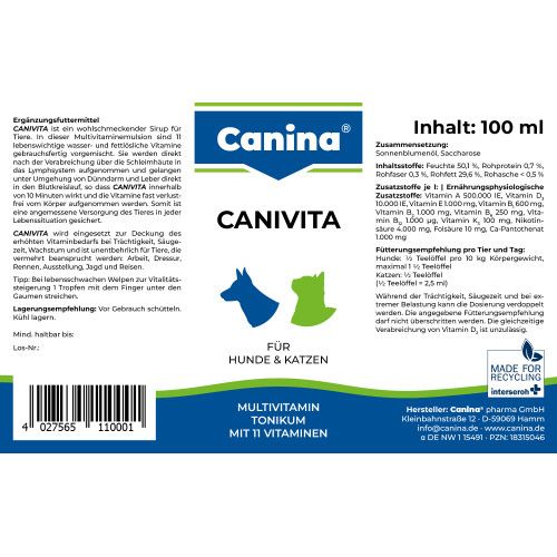 Вітамінізований тонік Canina Canivita для котів та собак зі швидким ефектом універсальний 100 мл