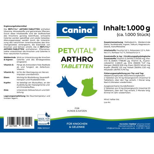 Вітаміни Canina Petvital Arthro-Tabl. для собак та котів для проблемних суглобів 1000 г (1000 табл)