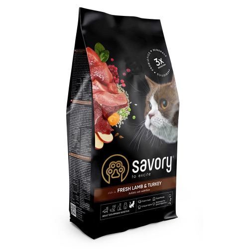 Сухий корм Savory для котів з чутливим травленням зі свіжим ягням та індичкою