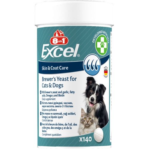 Вітаміни 8in1 Excel Brewers Yeast для собак та котів, пивні дріжджі з часником, для шкіри та шерсті, 140 шт