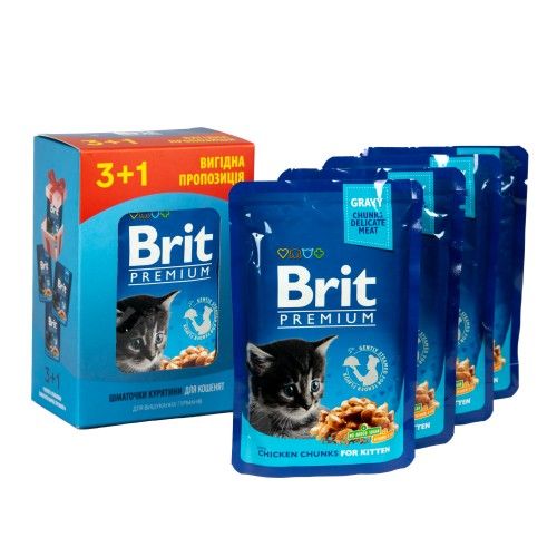 Набір паучів "3+1" для кошенят Brit Premium Chicken Chunks for Kitten з куркою 4х100г