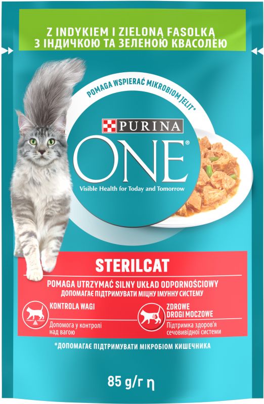 Влажный корм для взрослых кошек PURINA ONE Sterilcat после стерилизации кусочки в соусе с индейкой и зеленой фасолью
