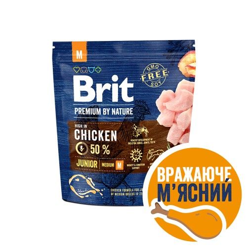 Сухий корм Brit Premium Dog Junior M для цуценят та юніорів середніх порід з куркою 1 кг