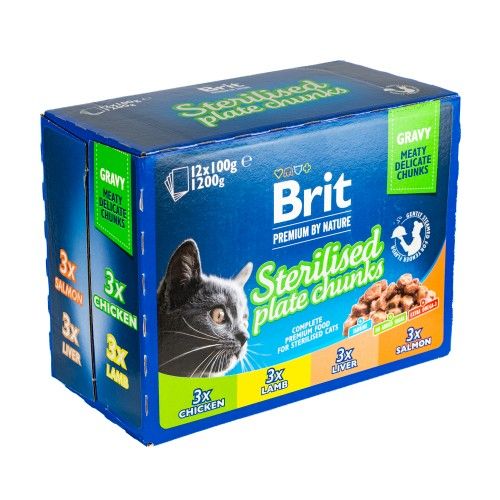 Вологий корм Brit Premium Cat Набір паучів сімейна тарілка для стерилізованих котів асорті 4 смаки 100 г х 12 шт