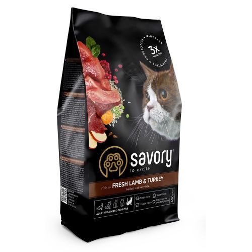 Сухий корм Savory для котів з чутливим травленням зі свіжим ягням та індичкою