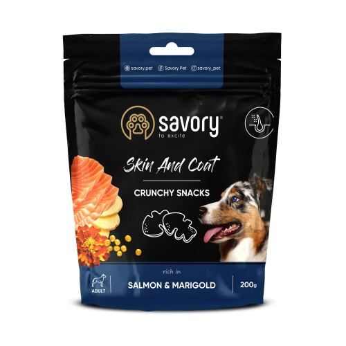 Хрустящие лакомства Savory для здоровья кожи и шерсти собак лосось и бархатцы 200 г