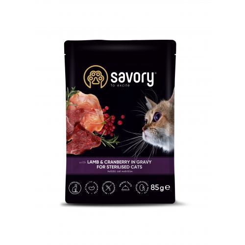 Влажный корм Savory для стерилизованных кошек ягненка с клюквой в соусе пауч 85 г