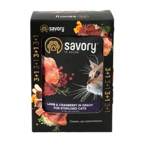 Набір вологих кормів Savory "3+1" для стерилізованих котів ягня з журавлиною у соусі паучі 4 шт 85 г