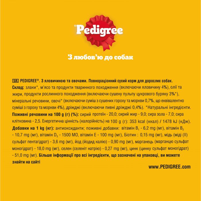 Сухий корм для дорослих собак PEDIGREE з яловичиною та овочами 12 кг