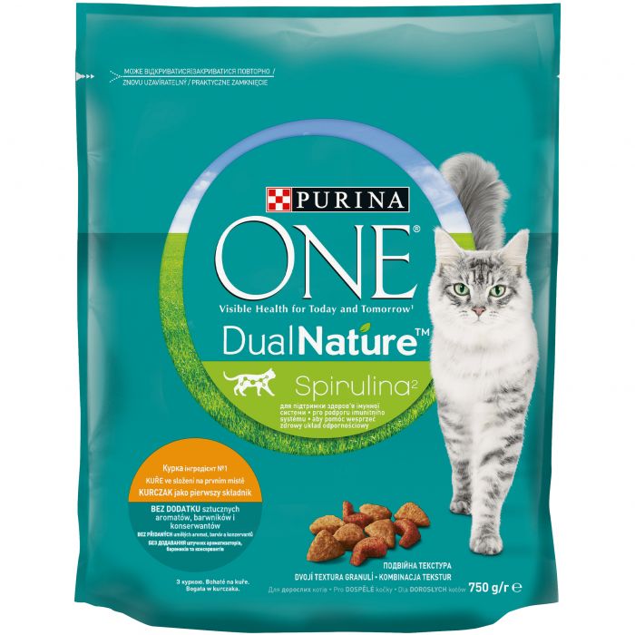 Сухий корм для дорослих котів PURINA ONE Adult Dual Nature Spirulina з куркою