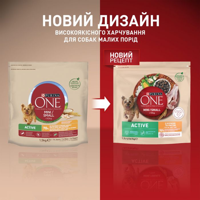 Сухий корм для дорослих собак PURINA ONE Mini/Small Active дрібних порід з підвищеною активністю з куркою та рисом 1.5 кг