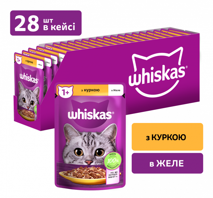 Упаковка вологого корму Whiskas з куркою в желе 28 шт. * 85 г