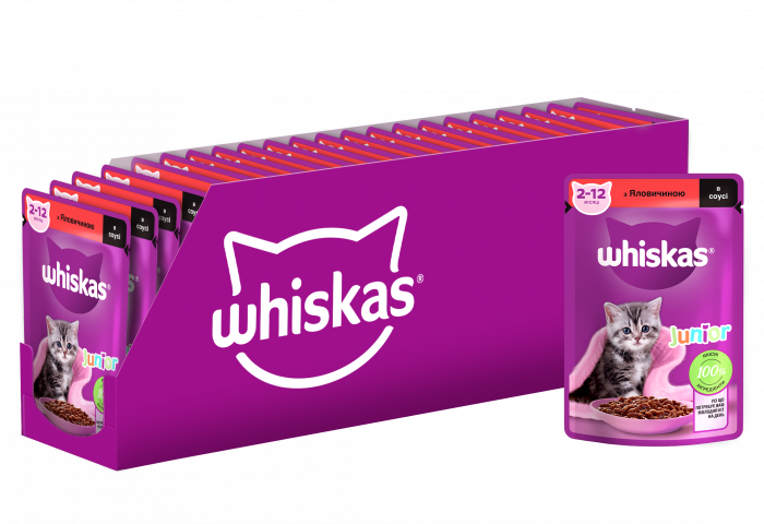 Упаковка вологого корму Whiskas Junior з яловичина в соусі 28 шт. * 85 г