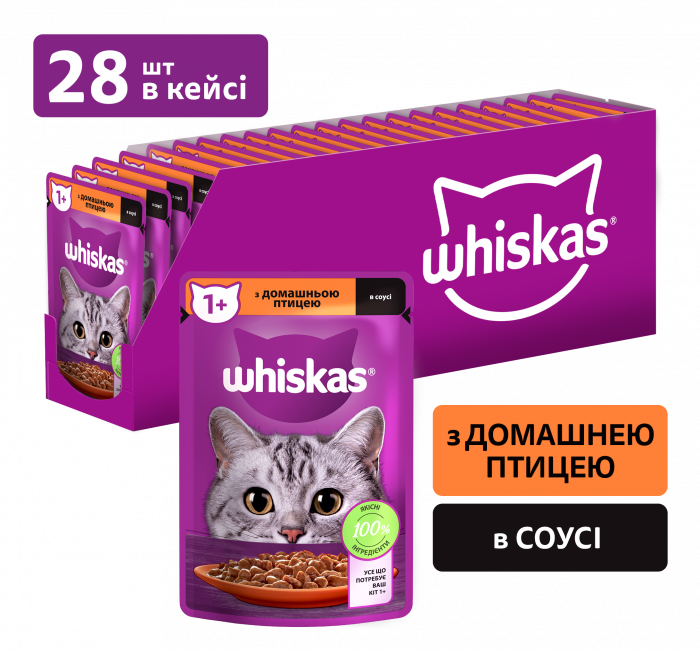 Упаковка вологого корму Whiskas з домашній птиці в соусі 28 шт. * 85 г