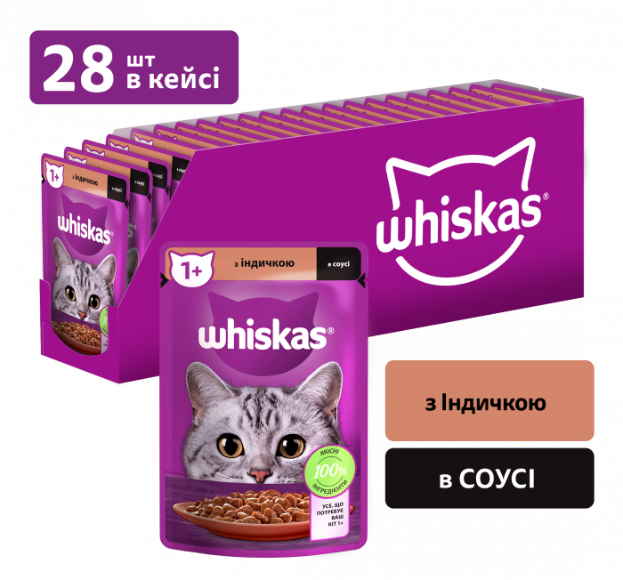 Упаковка вологого корму Whiskas з індичкою в соусі 28 шт. * 85 г