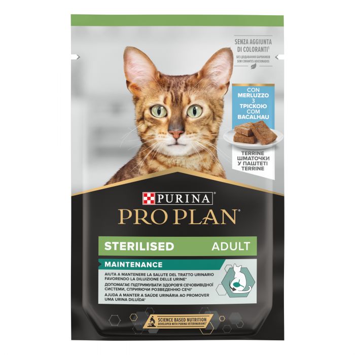Вологий корм для дорослих стерилізованих кішок Purina Pro Plan Sterilised Nutrisavour шматочки в паштеті з тріскою 85 г