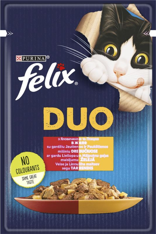 Упаковка влажного корма для взрослых кошек FELIX Fantastic Duo кусочки в желе с говядиной и птицей 26 шт. *85 г