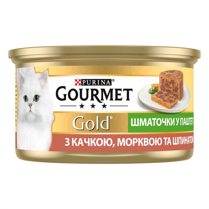 Вологий корм для дорослих котів Purina Gourmet Gold шматочки у паштеті з качкою морквою та шпинатом 85 г