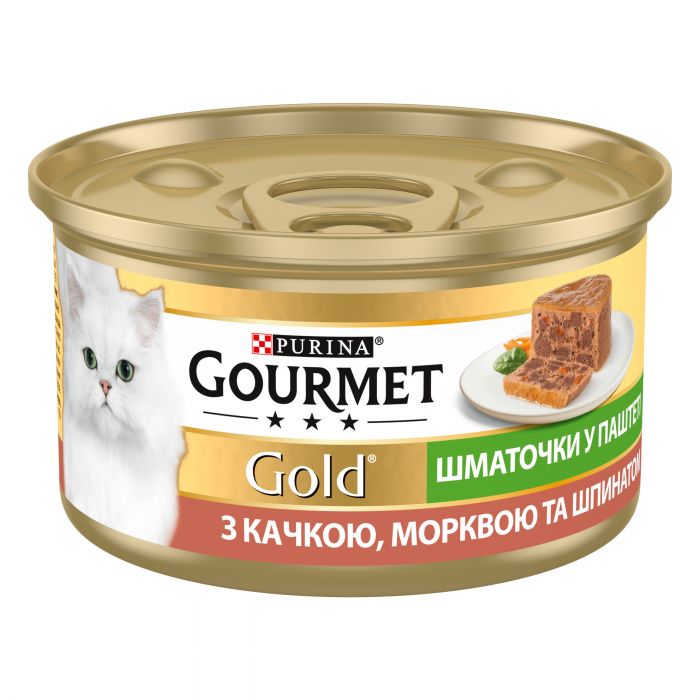 Вологий корм для дорослих котів Purina Gourmet Gold шматочки у паштеті з качкою морквою та шпинатом 85 г