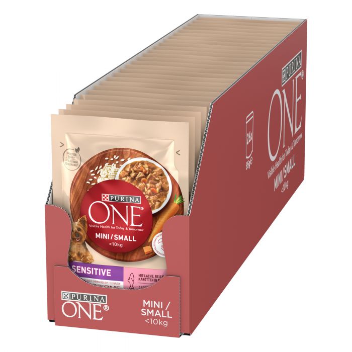 Влажный корм для взрослых собак PURINA ONE Mini/Small Sensitive мелких пород с чувствительным пищеварением с рисом и морковью лососем 85 г