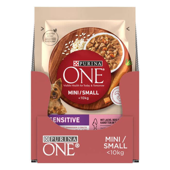 Влажный корм для взрослых собак PURINA ONE Mini/Small Sensitive мелких пород с чувствительным пищеварением с рисом и морковью лососем 85 г