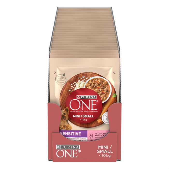 Влажный корм для взрослых собак PURINA ONE Mini/Small Sensitive мелких пород с чувствительным пищеварением с рисом и морковью лососем 85 г