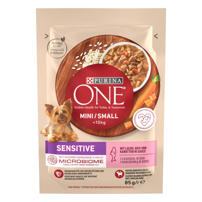 Влажный корм для взрослых собак PURINA ONE Mini/Small Sensitive мелких пород с чувствительным пищеварением с рисом и морковью лососем 85 г